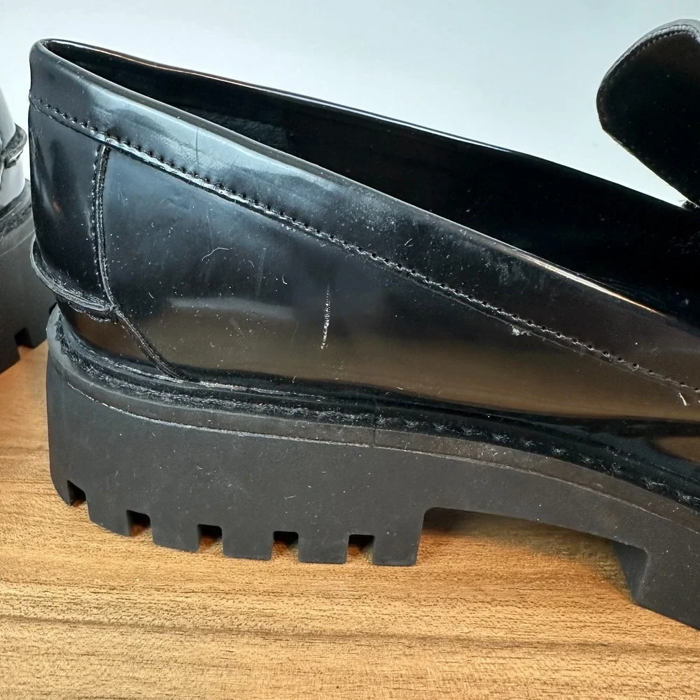 New Womens Open Edit Heather Black Faux Leather Horsebit‎ Lug Sole Loafers Sz 11